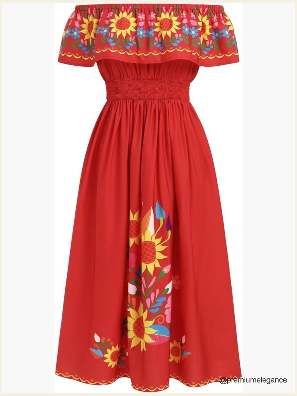 Off Shoulder Sleeveless Maxi Dress Sunflower Print A-Line Bohemian